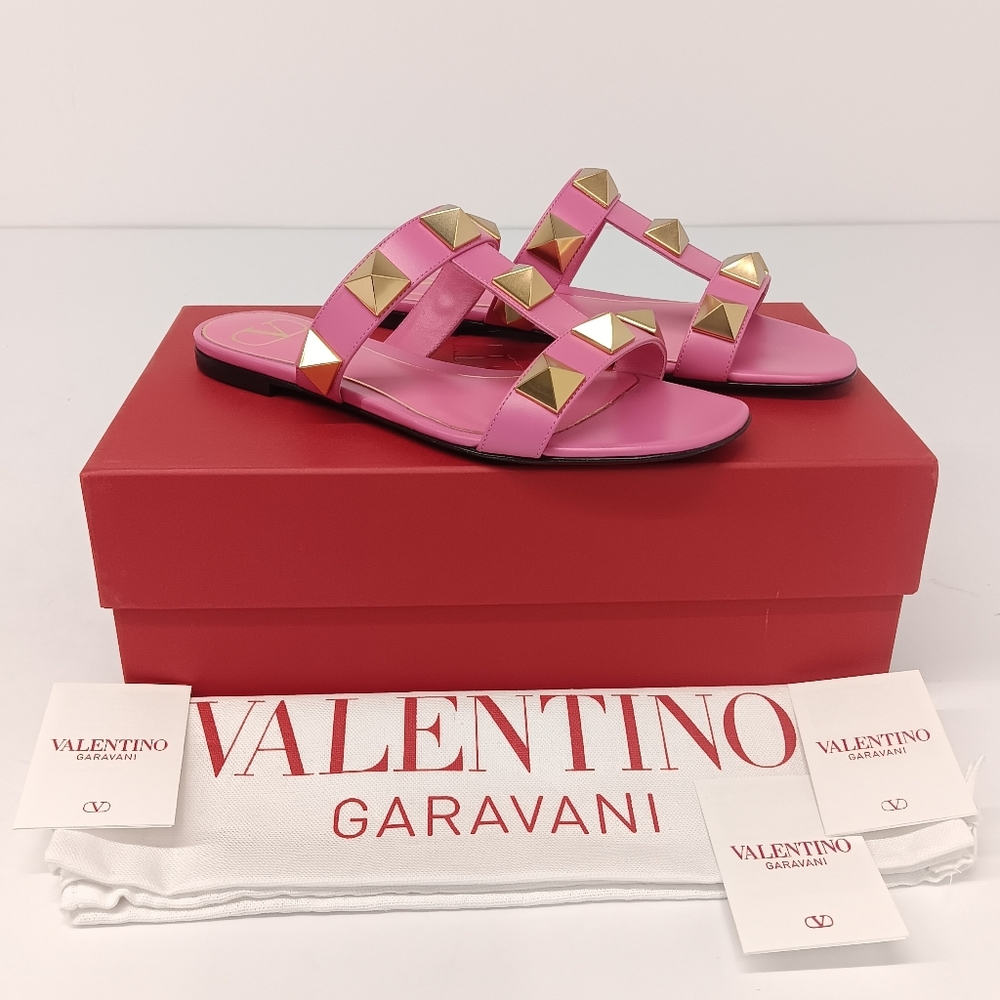 Valentino Garavani Women's Pink Calfskin Roman Stud Flat Sandals - EU36/US6